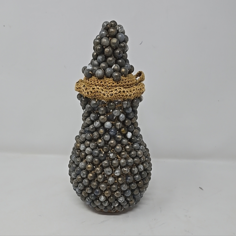 Vtg 1960s gold crochet beaded apothecary glass jar lid MCM retro vanity display
